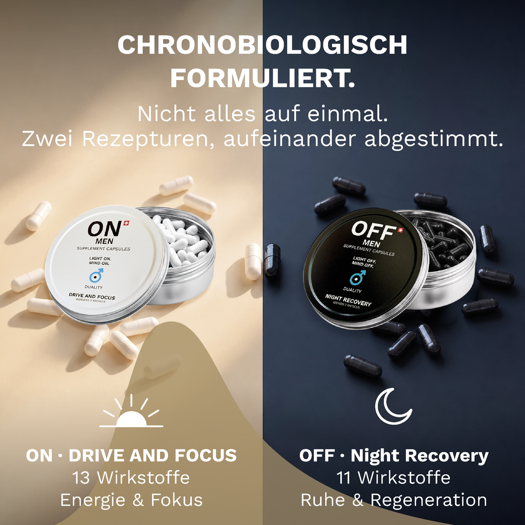 ON MEN Drive and Focus und OFF MEN Night Recovery als getrennte Rezepturen für Morgen und Abend.