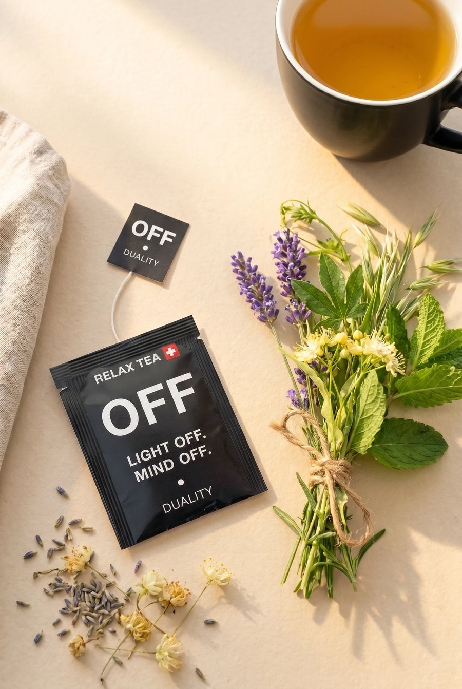 OFF TEE – RELAX TEA von ONOFF Duality. 9 Bio-Kräuter koffeinfrei: Haferkraut, Zitronenmelisse, Lindenblüten, Passionsblume, Hopfen, Eisenkraut, Lavendel, Baldrian und Rosenblüten. Swiss Made, vegan. 24 Beutel à 1.3g.