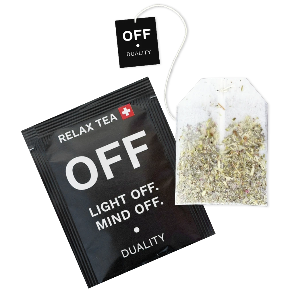 OFF TEE RELAX TEA – schwarzes Sachet mit flachem Bio-Kräuter-Teebeutel, 9 Kräuter koffeinfrei, ONOFF Duality Swiss Made