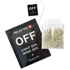 OFF TEE RELAX TEA – schwarzes Sachet mit flachem Bio-Kräuter-Teebeutel, 9 Kräuter koffeinfrei, ONOFF Duality Swiss Made