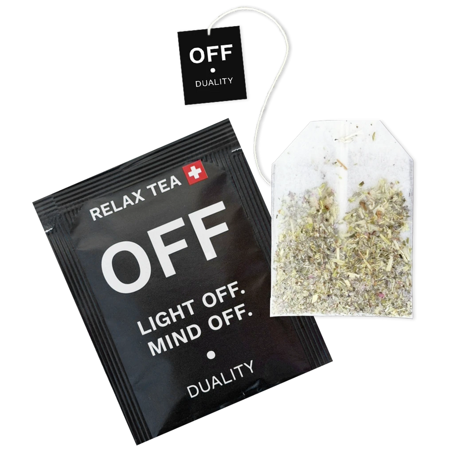 OFF TEE RELAX TEA – schwarzes Sachet mit flachem Bio-Kräuter-Teebeutel, 9 Kräuter koffeinfrei, ONOFF Duality Swiss Made