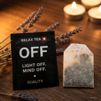 OFF TEE RELAX TEA Sachet Nahaufnahme – schwarze Verpackung mit Light OFF Mind OFF Schriftzug, Schweizer Kreuz, ONOFF Duality