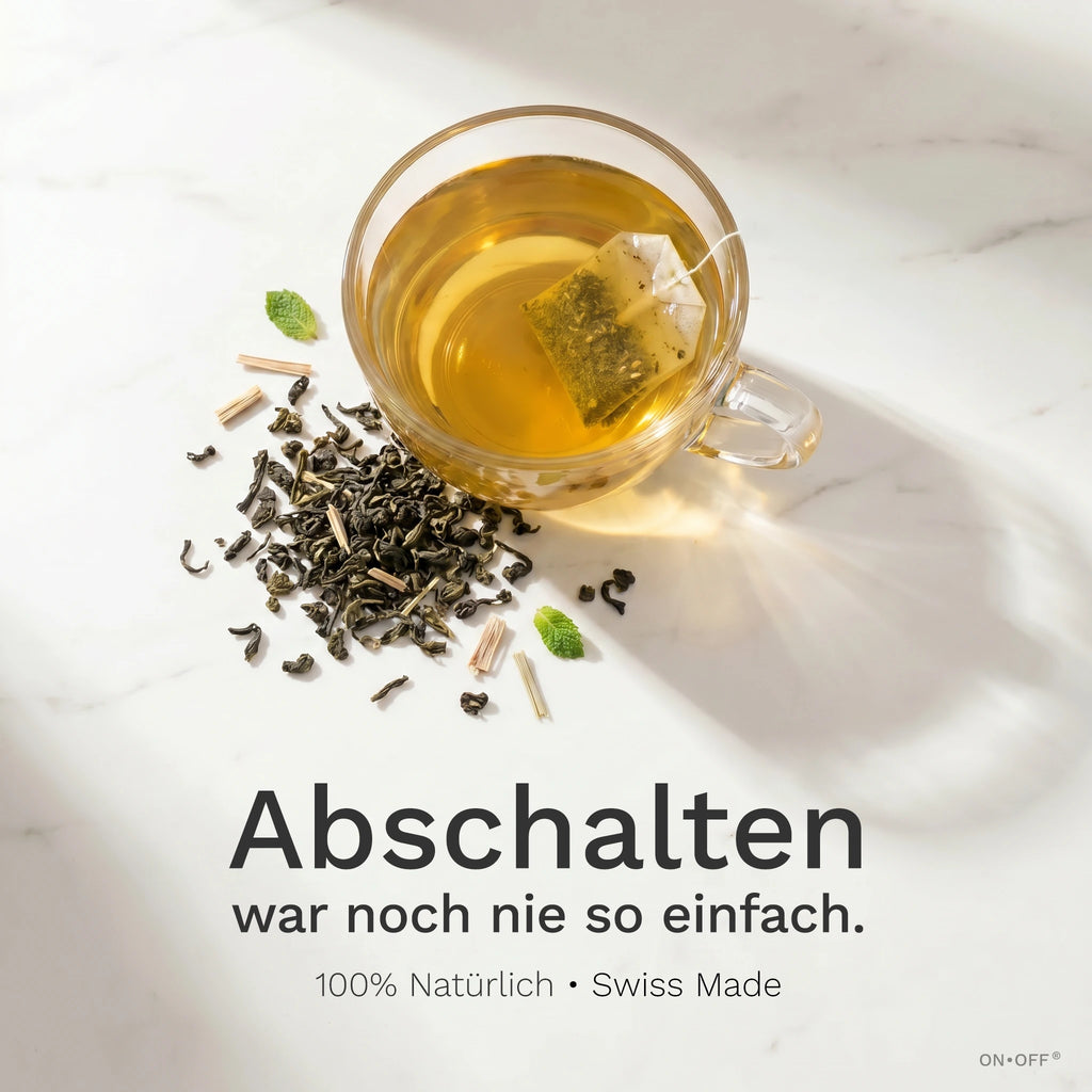 OFF TEE RELAX TEA – Glastasse mit Teebeutel auf Marmor, Abschalten war noch nie so einfach, 100% Natürlich Swiss Made, ONOFF Duality