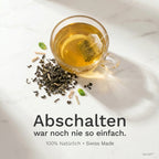 OFF TEE RELAX TEA – Glastasse mit Teebeutel auf Marmor, Abschalten war noch nie so einfach, 100% Natürlich Swiss Made, ONOFF Duality