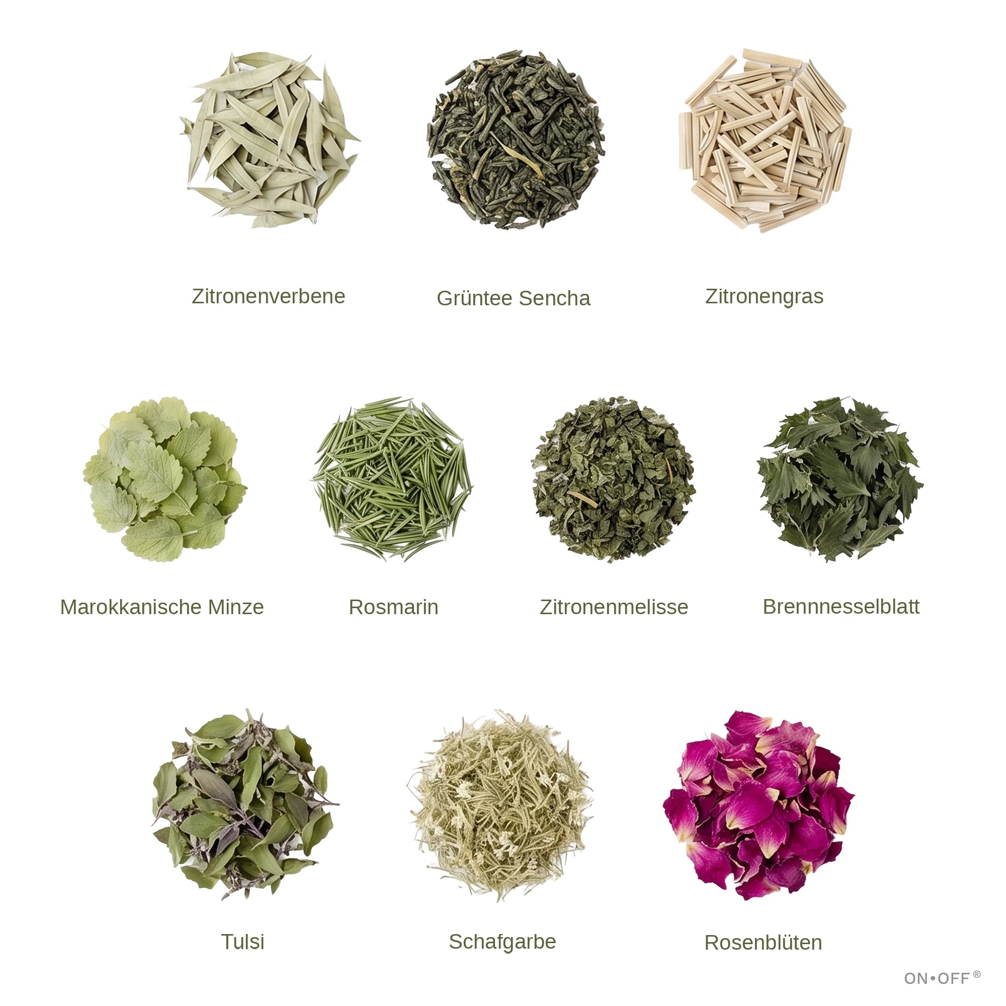 ON TEE POWER TEA 10 Bio-Kräuter: Zitronenverbene, Grüntee Sencha, Zitronengras, Marokkanische Minze, Rosmarin, Zitronenmelisse, Brennnesselblatt, Tulsi, Schafgarbe, Rosenblüten – ONOFF Duality