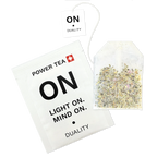 ON TEE POWER TEA Sachet Nahaufnahme – weisse Verpackung mit Light ON Mind ON Schriftzug, Schweizer Kreuz, ONOFF Duality