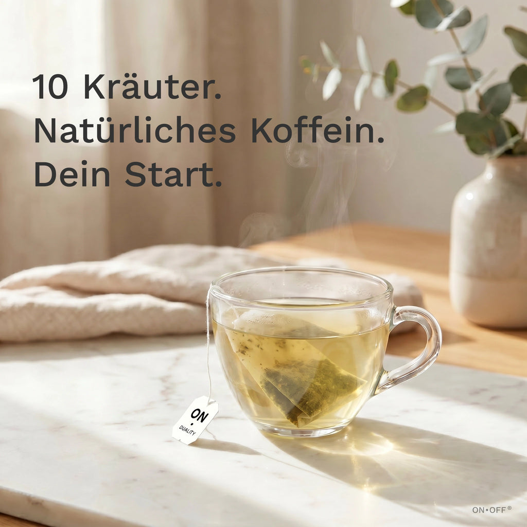 ON TEE POWER TEA – weisses Sachet mit flachem Bio-Kräuter-Teebeutel, 10 Kräuter mit Sencha Grüntee, ONOFF Duality Swiss Made