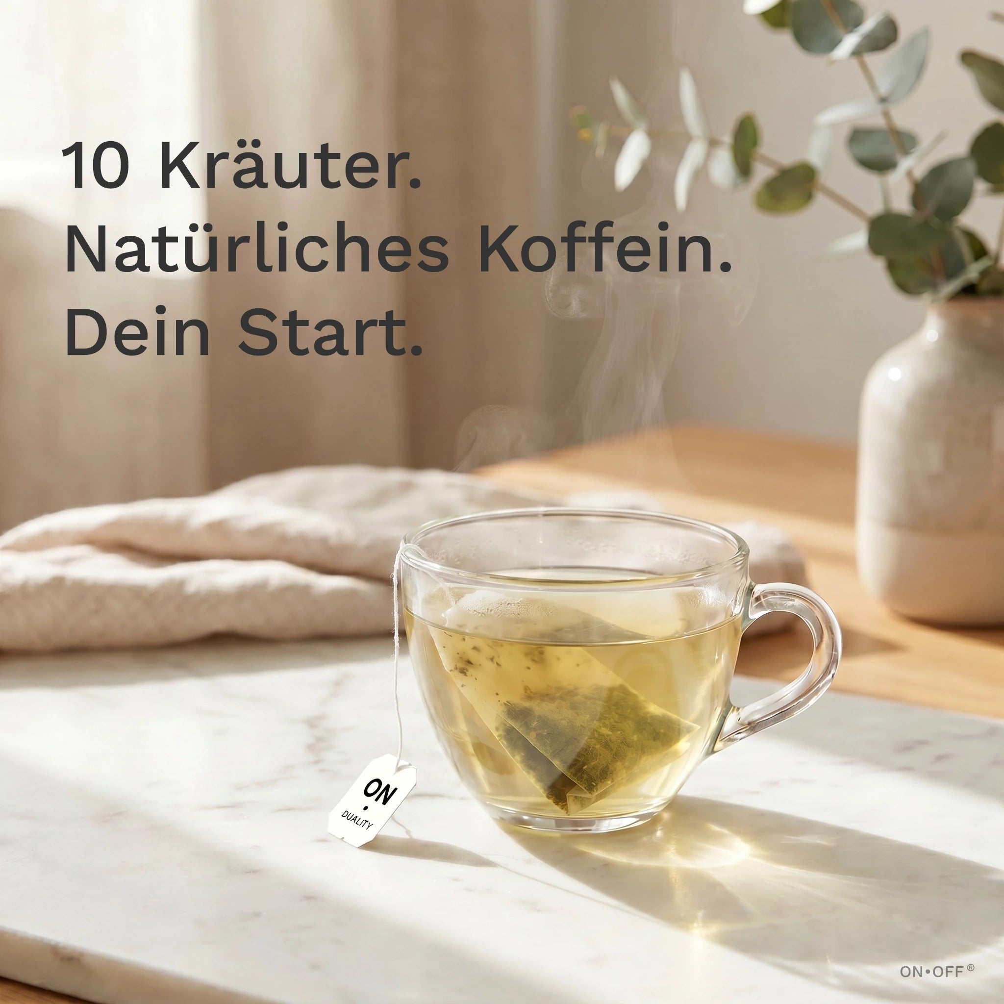 ON TEE POWER TEA – weisses Sachet mit flachem Bio-Kräuter-Teebeutel, 10 Kräuter mit Sencha Grüntee, ONOFF Duality Swiss Made