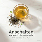 ON TEE POWER TEA – Glastasse mit Teebeutel auf Marmor, Sencha-Blätter, Anschalten war noch nie so einfach, 100% Natürlich Swiss Made, ONOFF Duality 