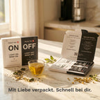 ONOFF Duality Tee-Box geschlossen und offen – ON POWER TEA und OFF RELAX TEA Sachets sichtbar, Ritual-Anleitung im Deckel, Premium-Verpackung Swiss Made