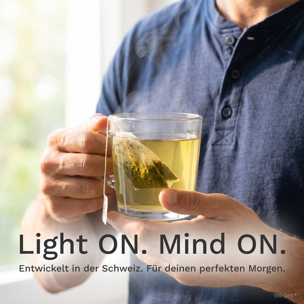 ON TEE POWER TEA – dampfende Teetasse im Morgenlicht, 10 Bio-Kräuter mit natürlichem Koffein, ONOFF Duality Morgenritual