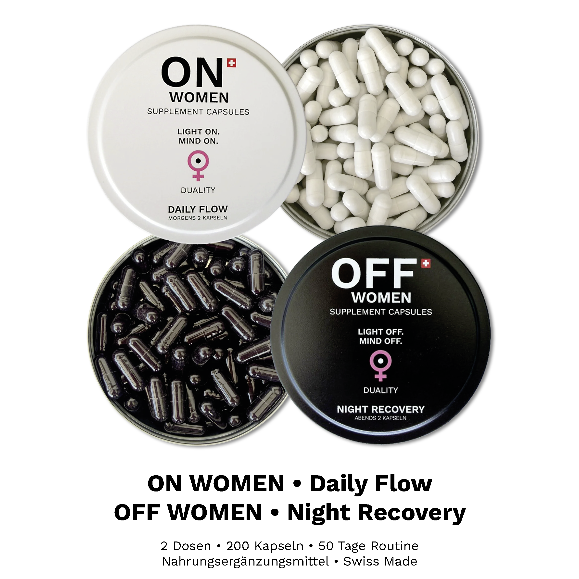ON • OFF Women Box mit ON Daily Flow und OFF Night Recovery, zwei Dosen mit insgesamt 200 Kapseln.