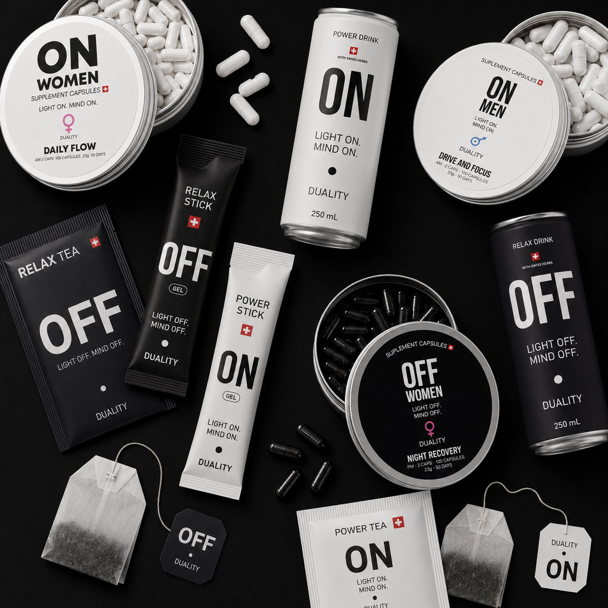 Alle ON•OFF Duality Produkte – Schweizer Drinks, Gel Sticks, Kapseln und Tees im Überblick