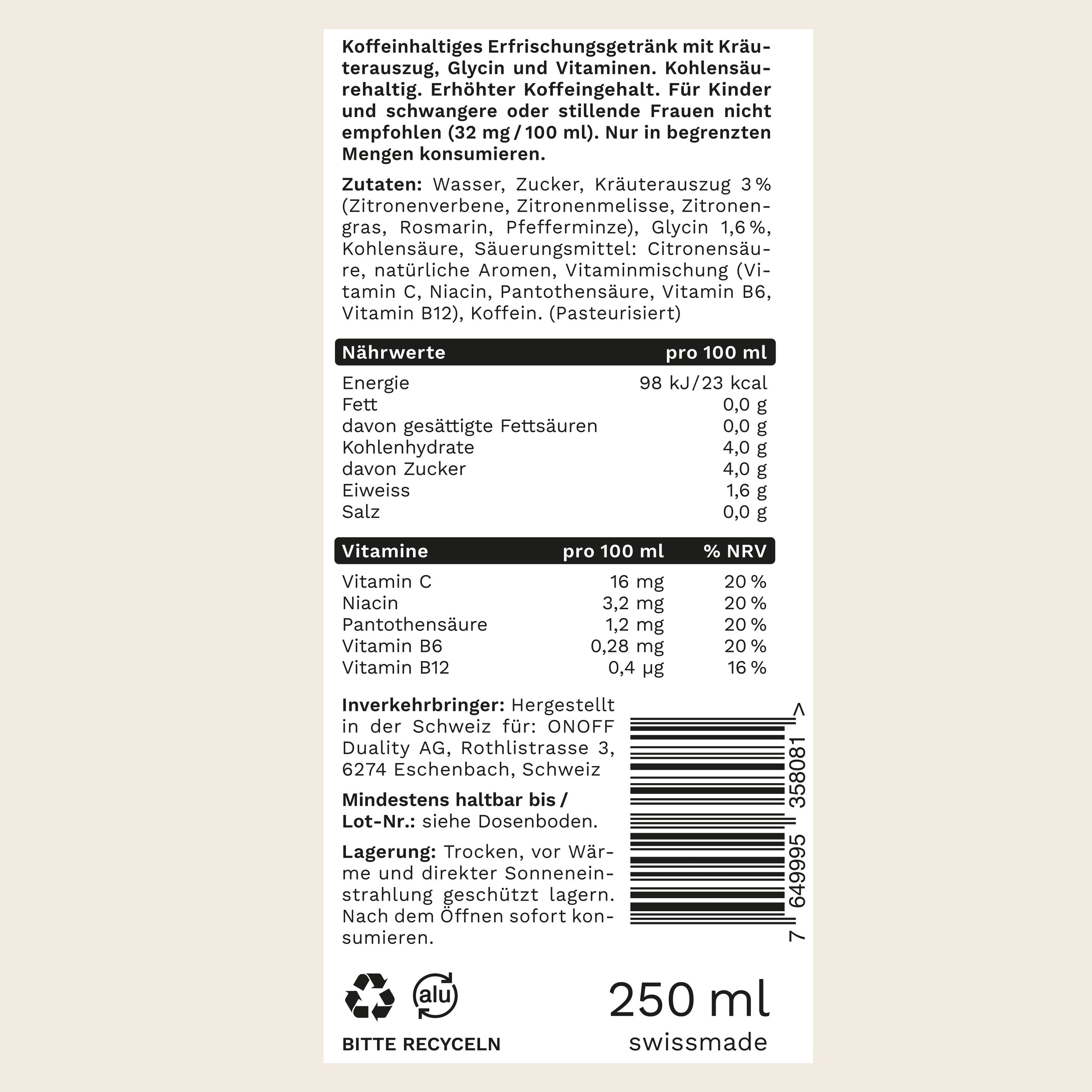 Alle Zutaten offen deklariert: ON Power Drink – Schweizer Energy-Drink-Alternative mit Koffein, Kräuterauszug und Vitaminen.