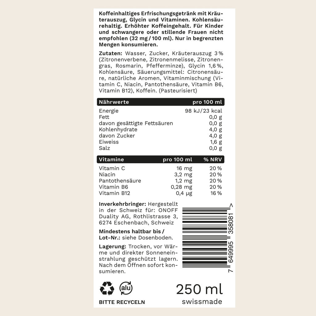Alle Zutaten offen deklariert: ON Power Drink – Schweizer Energy-Drink-Alternative mit Koffein, Kräuterauszug und Vitaminen.