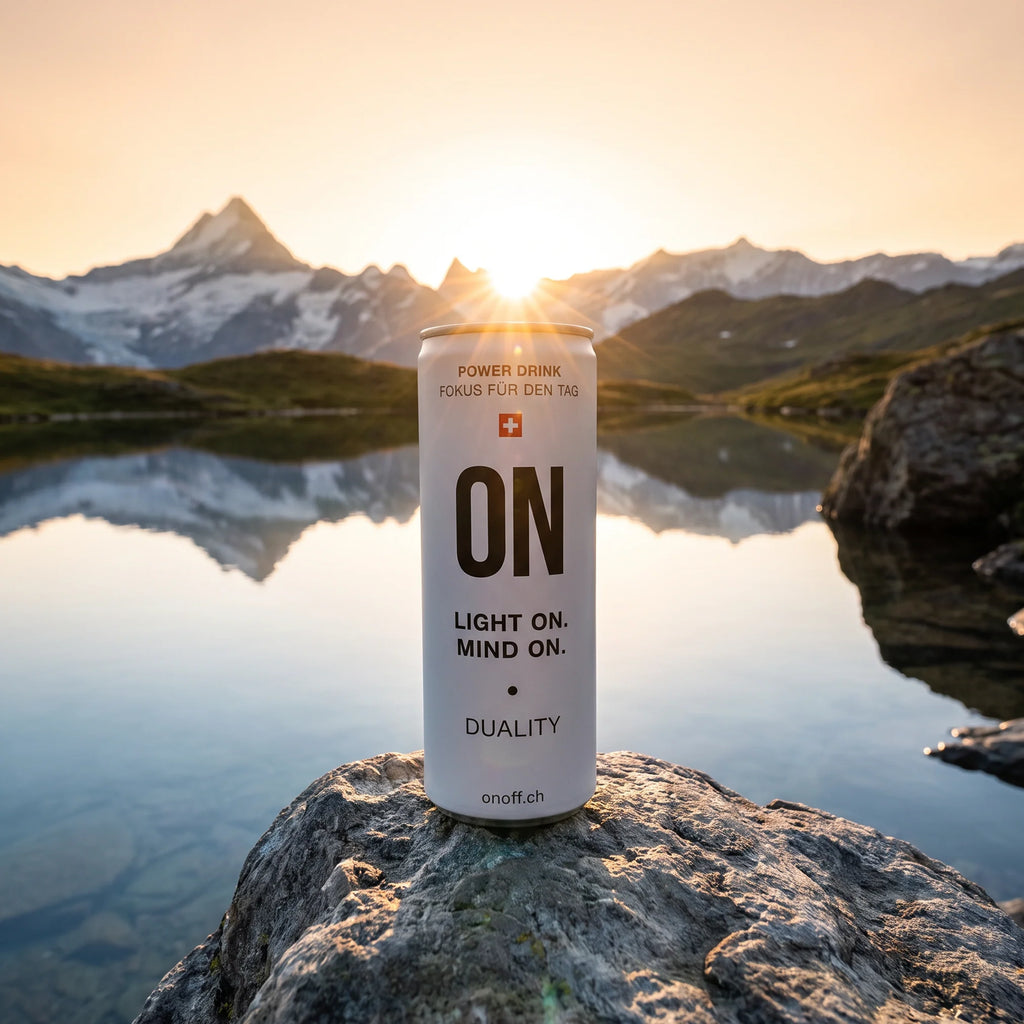 Energy Drink aus der Schweiz: ON Power Drink am Bergsee – Fokus und Energie für den Tag.