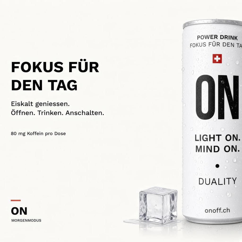 Energy Drink mit weniger Zucker: ON Power Drink eiskalt geniessen – Fokus für den Tag mit 80 mg Koffein.