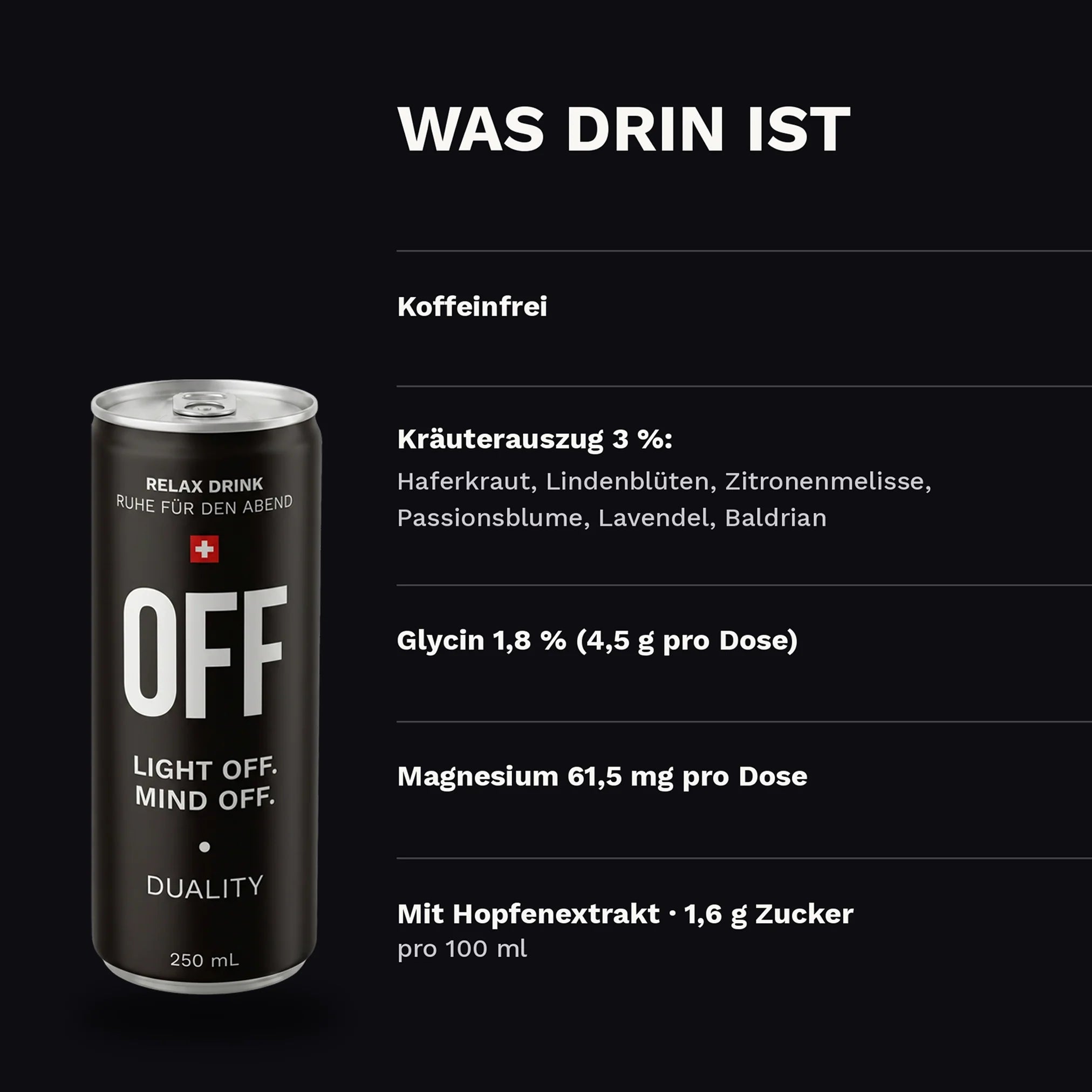 Drink zum Entspannen: OFF Relax Drink – koffeinfrei mit Lavendel, Hopfen, Baldrian, 4,5 g Glycin und 61,5 mg Magnesium pro Dose.