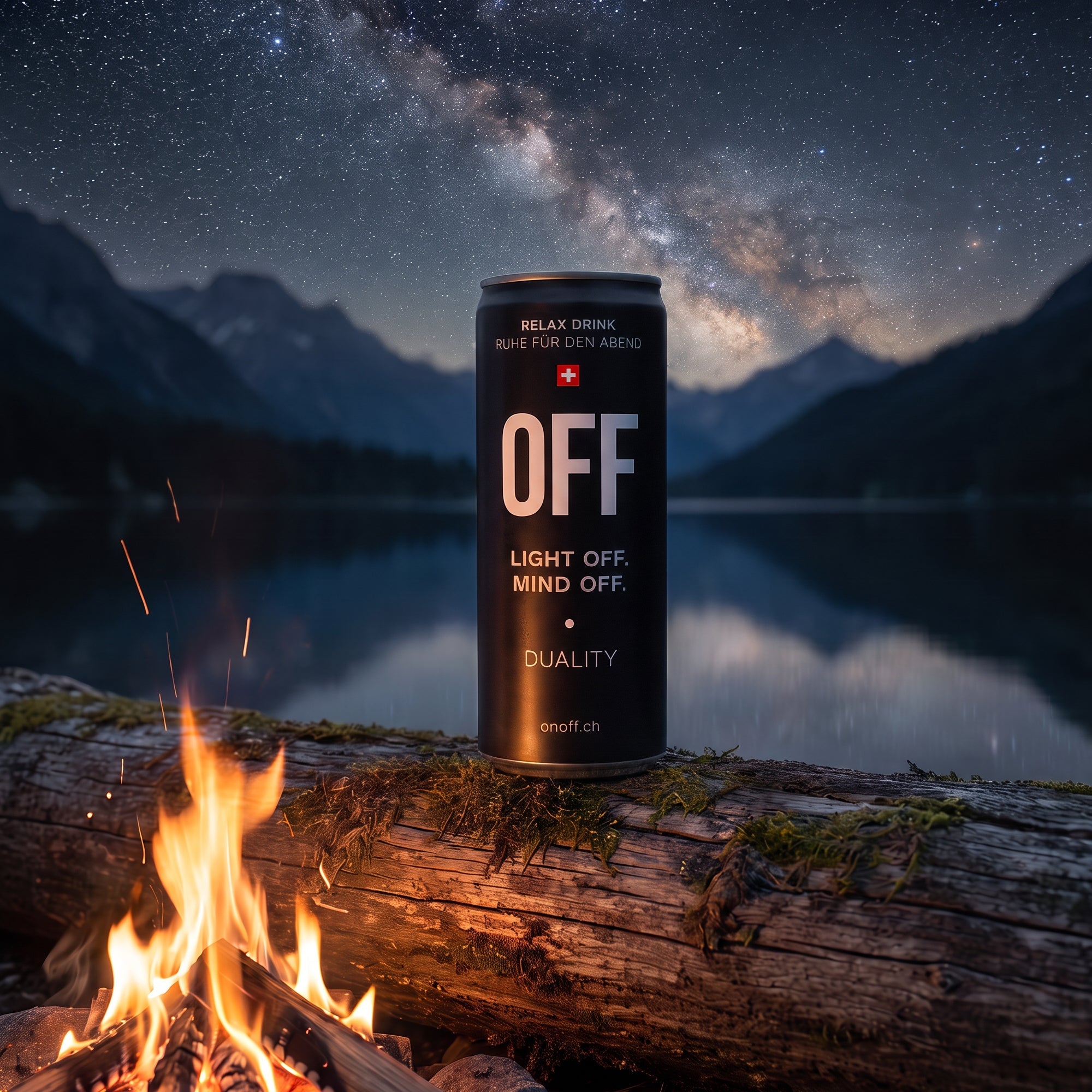 Koffeinfreier Drink für den Abend: OFF Relax Drink am Lagerfeuer unter Sternenhimmel – Ruhe nach dem Tag.