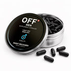 Geöffnete OFF MEN Night Recovery Dose mit schwarzen Kapseln auf hellem Hintergrund.