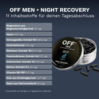OFF Men Night Recovery mit 11 deklarierten Inhaltsstoffen und Mengen pro Tagesportion für den Abend.