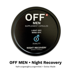 OFF MEN Night Recovery Nahrungsergänzungsmittel mit schwarzer Dose, Produktname und Swiss-Made-Hinweis.