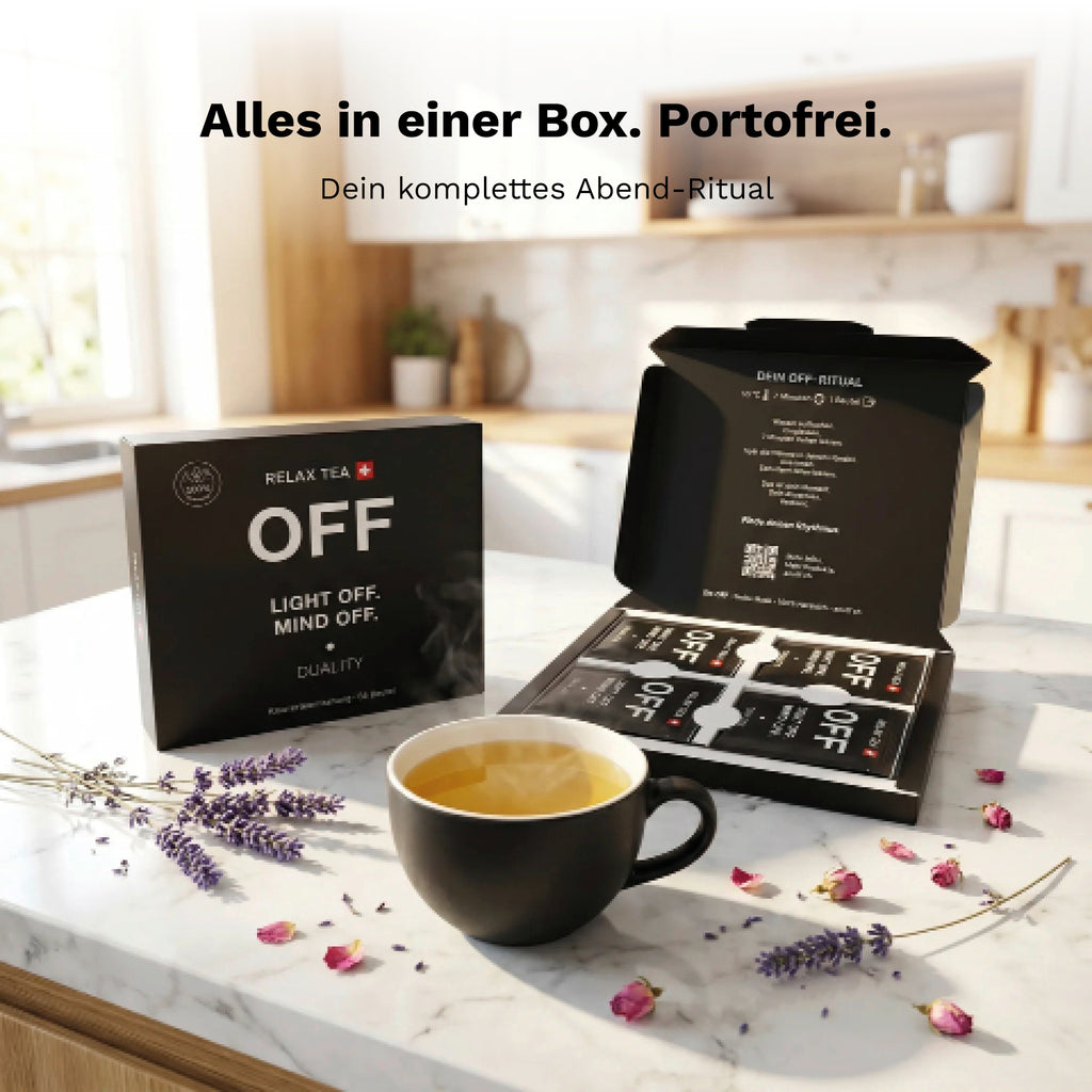 OFF Relax Tea Box mit einzeln portionierten Teebeuteln und Tasse Kräutertee für das Abendritual.