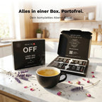 OFF Relax Tea Box mit einzeln portionierten Teebeuteln und Tasse Kräutertee für das Abendritual.