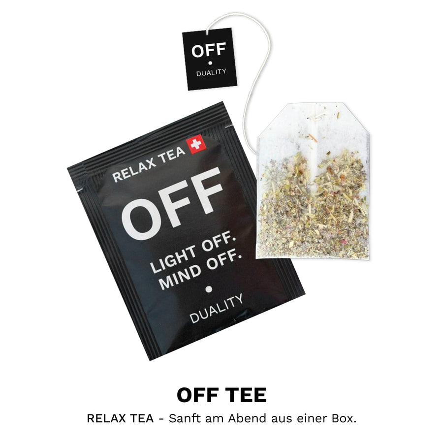 OFF Relax Tea mit Kräuter-Teebeutel – koffeinfreier Schweizer Abendtee mit neun Kräutern.