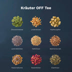 Neun Zutaten des OFF Relax Tea: Zitronenmelisse, Lindenblüten, Hopfen, Lavendel, Baldrian und weitere Kräuter.