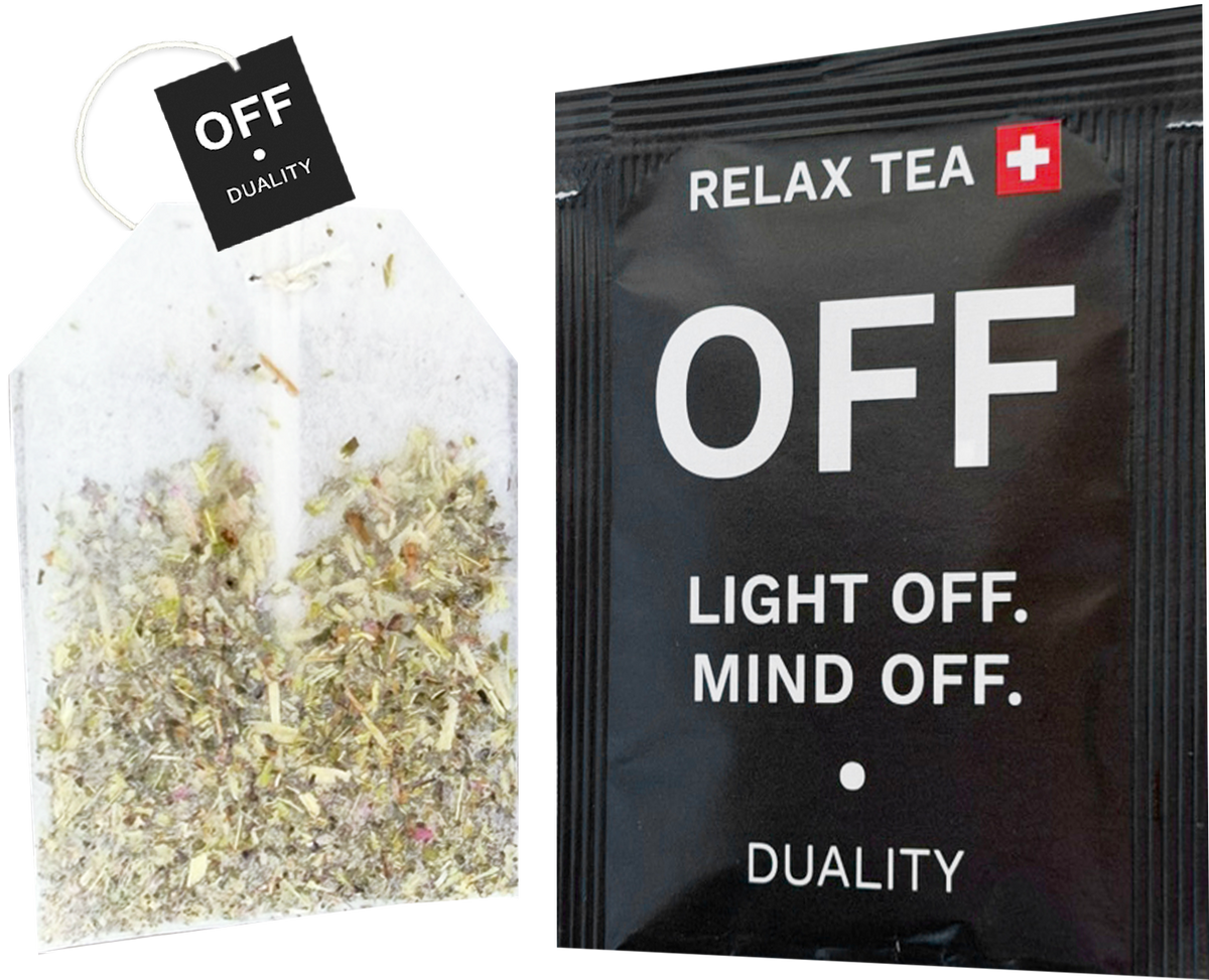 OFF TEE Verpackung – Relax Tea von ON•OFF, koffeinfreier Kräutertee für den Abend