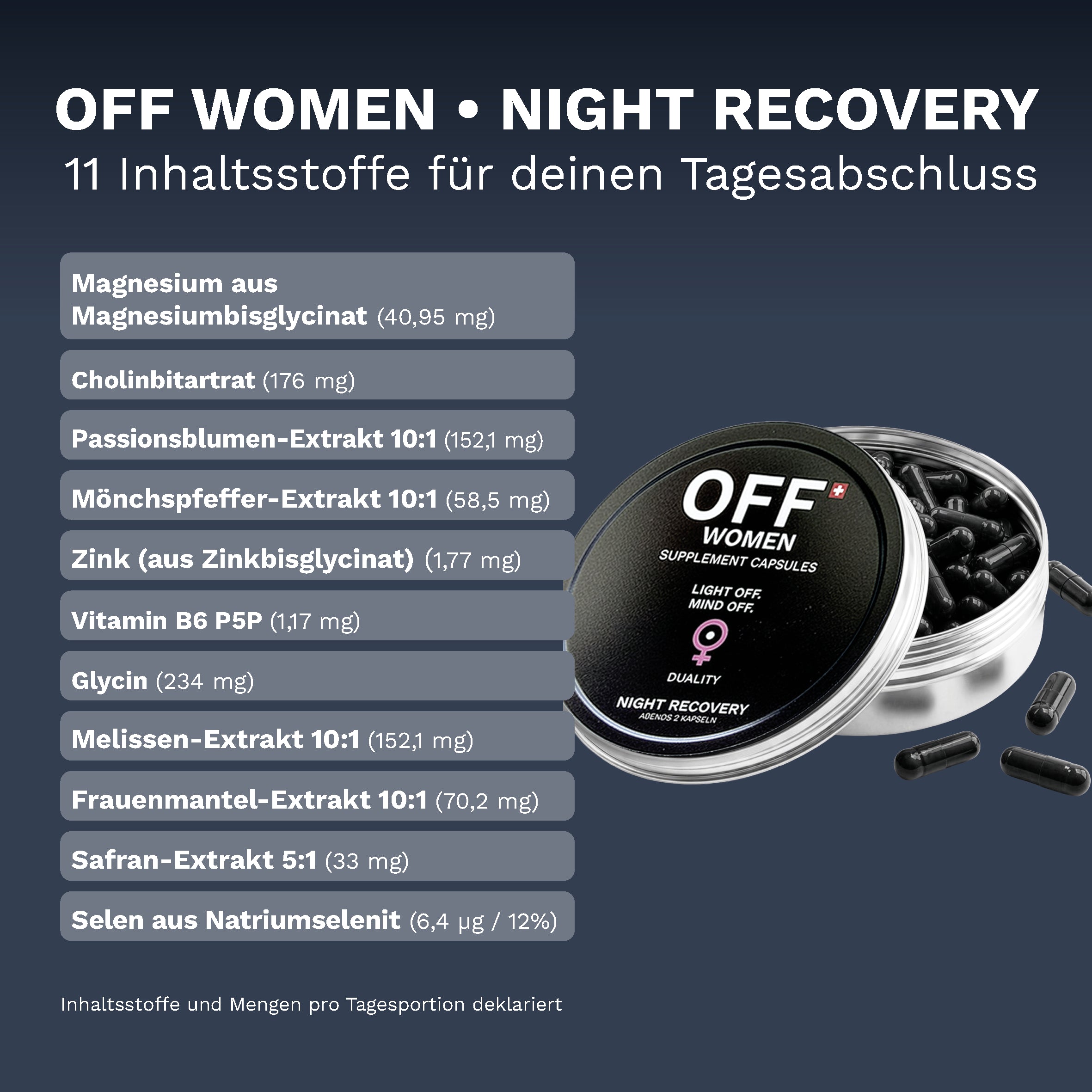 OFF Women Night Recovery mit geöffneter Dose und Übersicht der 11 Inhaltsstoffe pro Tagesportion.