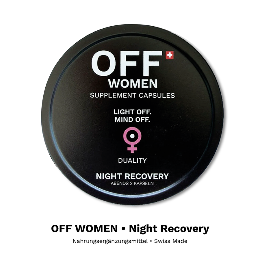 OFF WOMEN Night Recovery Nahrungsergänzung in der schwarzen Dose, Swiss Made.