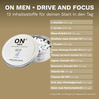 ON Men Drive and Focus mit 13 deklarierten Inhaltsstoffen und Mengen pro Tagesportion für den Morgen.