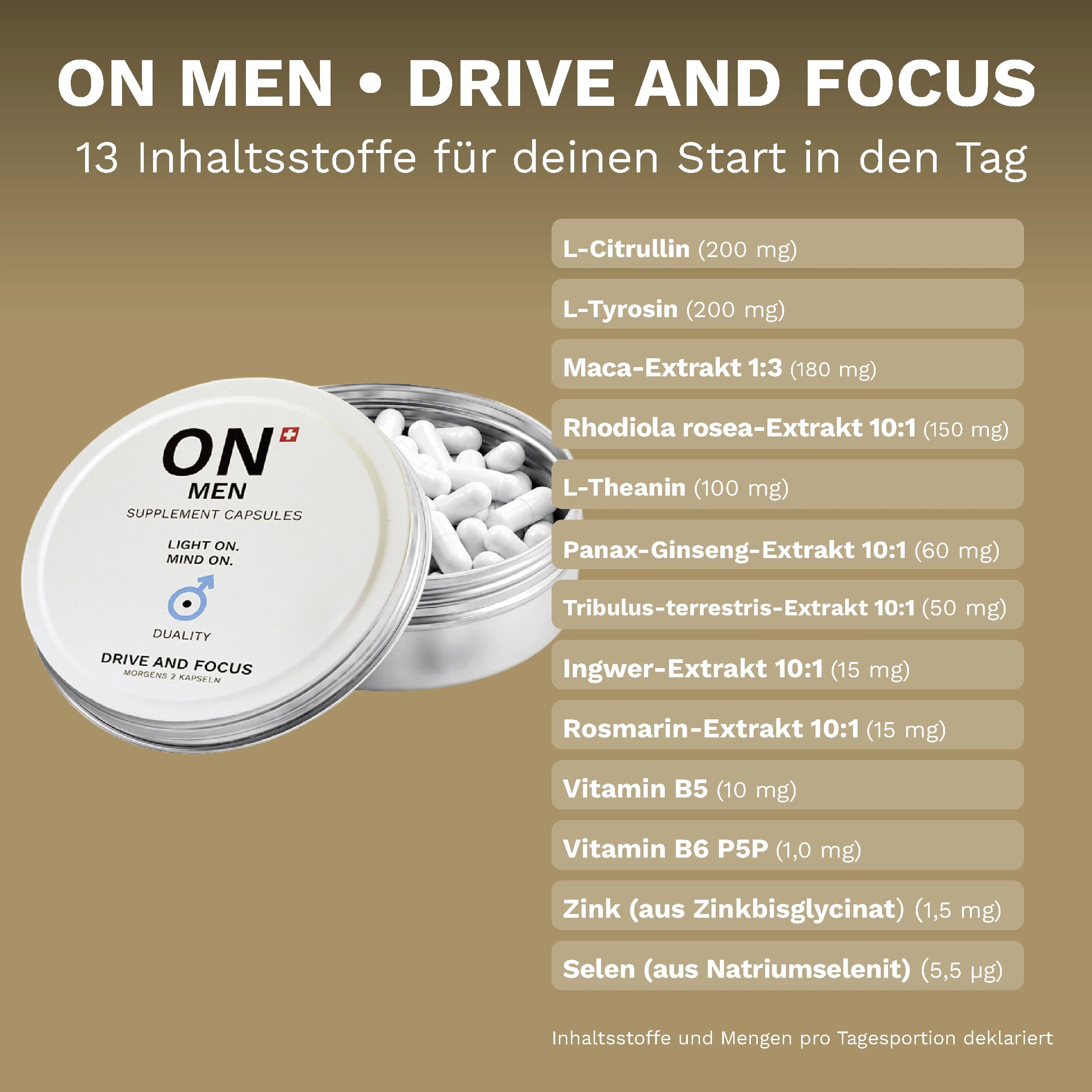 ON MEN Drive and Focus mit geöffneter Dose und Übersicht der 13 Inhaltsstoffe pro Tagesportion.