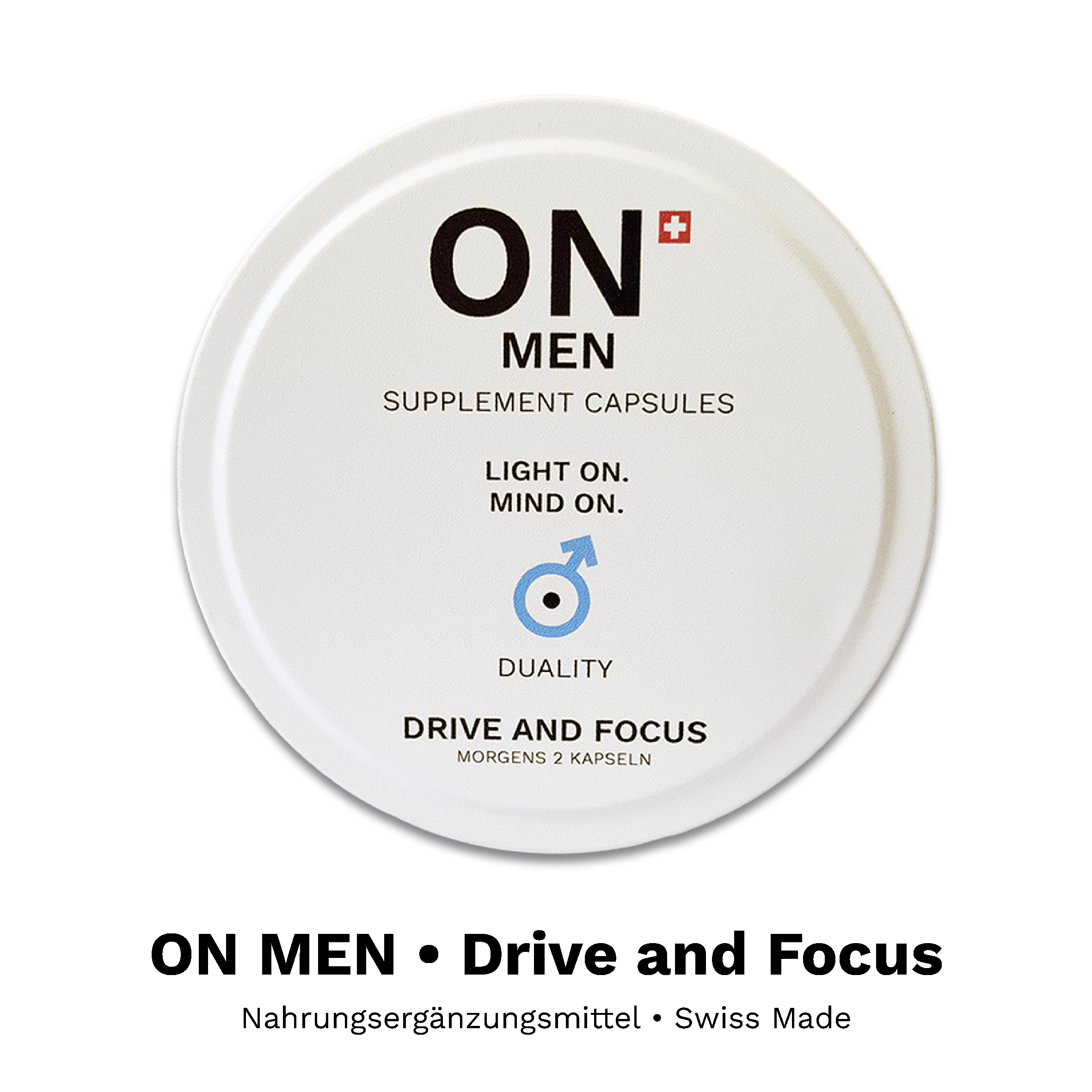 ON MEN Drive and Focus Nahrungsergänzungsmittel mit weisser Dose, Produktname und Swiss-Made-Hinweis.