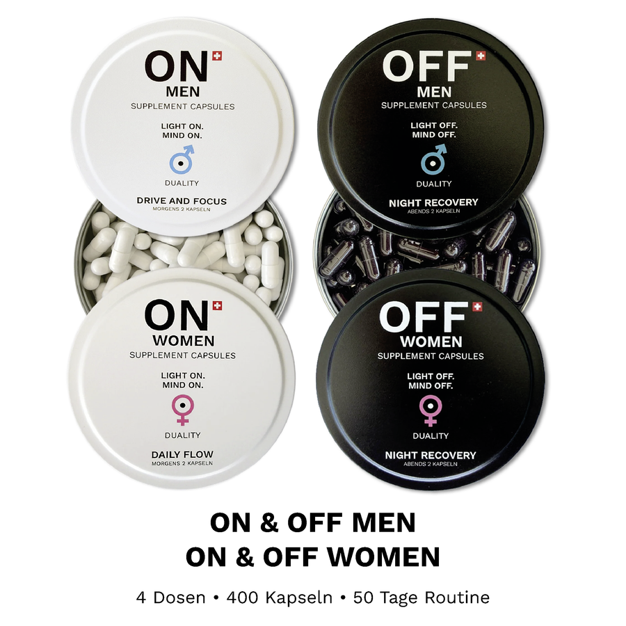 ON • OFF Family Box mit ON und OFF MEN sowie ON und OFF WOMEN, vier Dosen mit insgesamt 400 Kapseln.