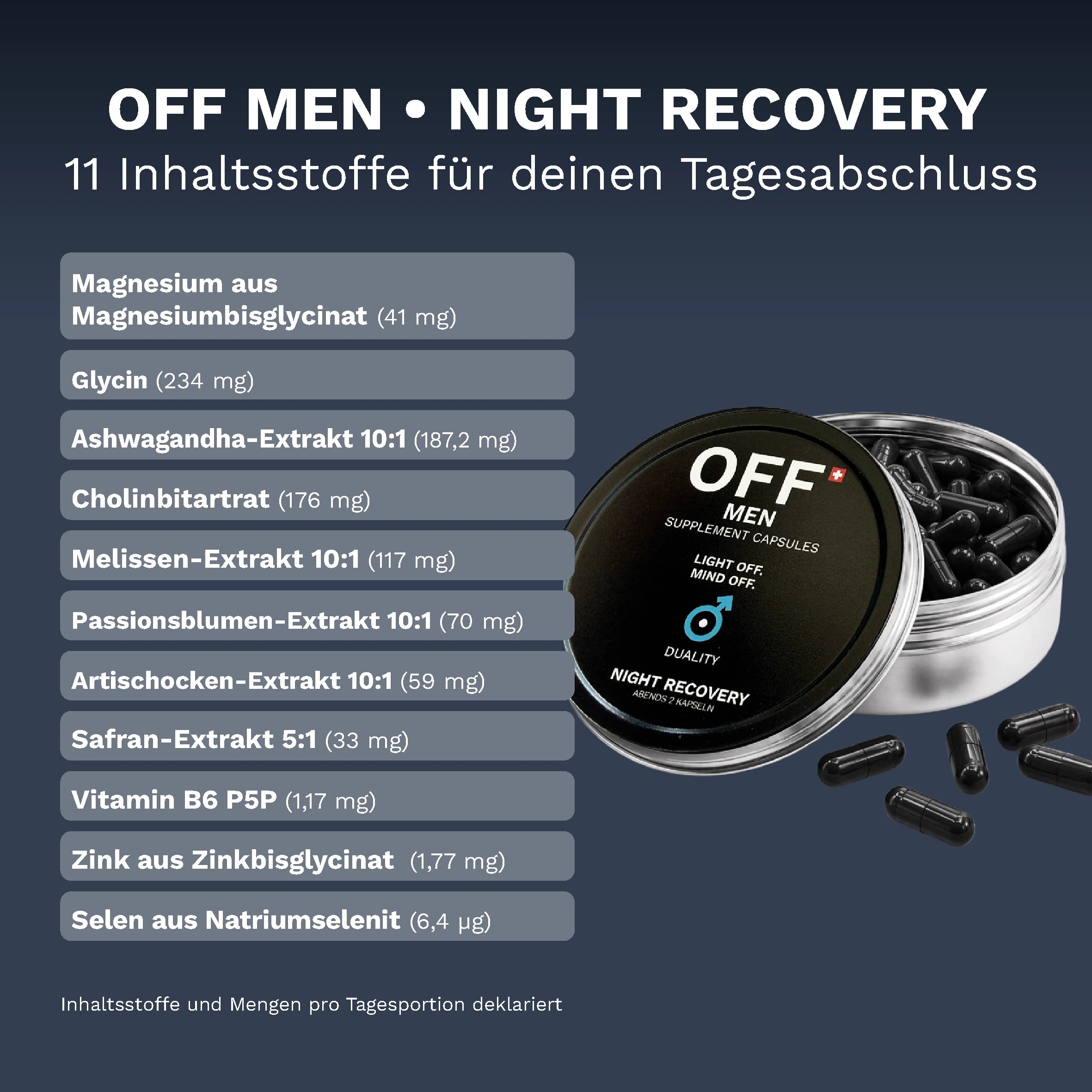 OFF MEN Night Recovery mit 11 deklarierten Inhaltsstoffen und Mengen pro Tagesportion.