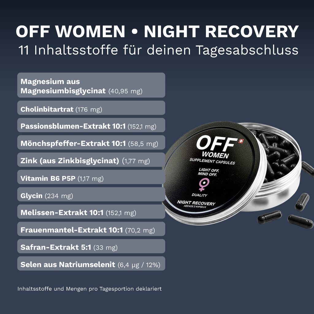 OFF WOMEN Night Recovery mit geöffneter Dose und Übersicht der 11 Inhaltsstoffe pro Tagesportion.
