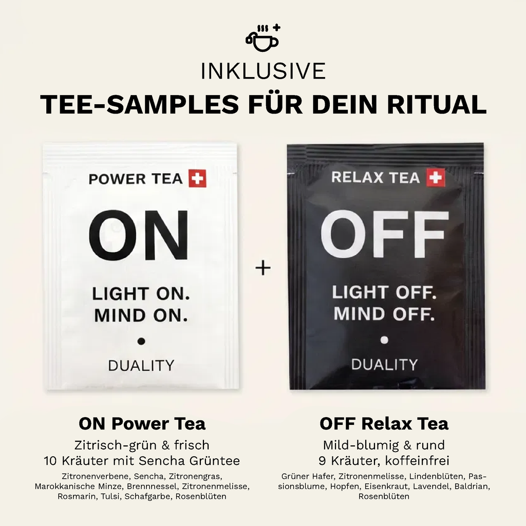 ON Power Tea und koffeinfreier OFF Relax Tea als Tee-Samples der ON • OFF Family Box.