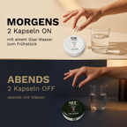 Einnahme der WOMEN Kapseln in der ON • OFF Family Box: morgens zwei ON und abends zwei OFF mit Wasser.