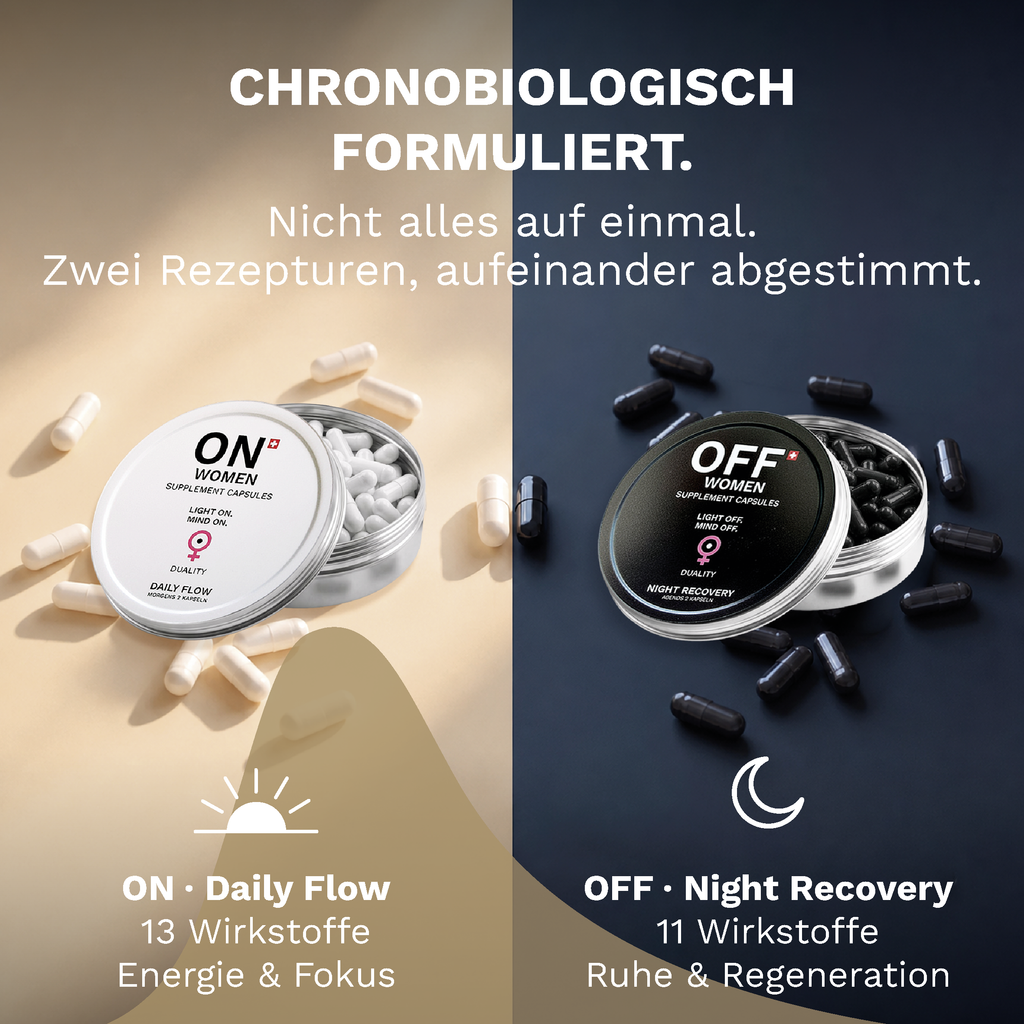 ON WOMEN Daily Flow und OFF WOMEN Night Recovery als getrennte Rezepturen für Morgen und Abend.