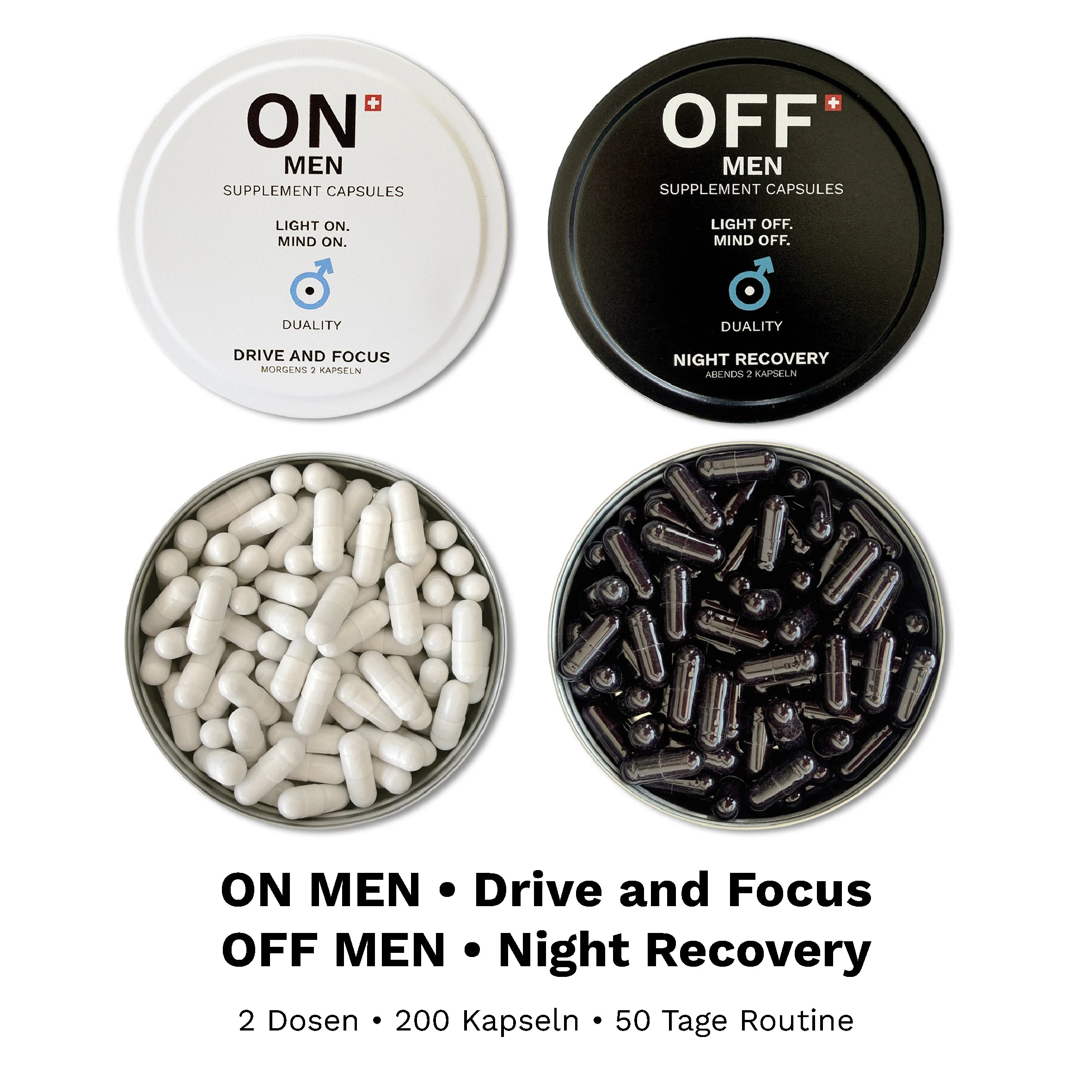 ON • OFF Men Box mit ON Drive and Focus und OFF Night Recovery, zwei Schweizer Kapselrezepturen für Morgen und Abend.