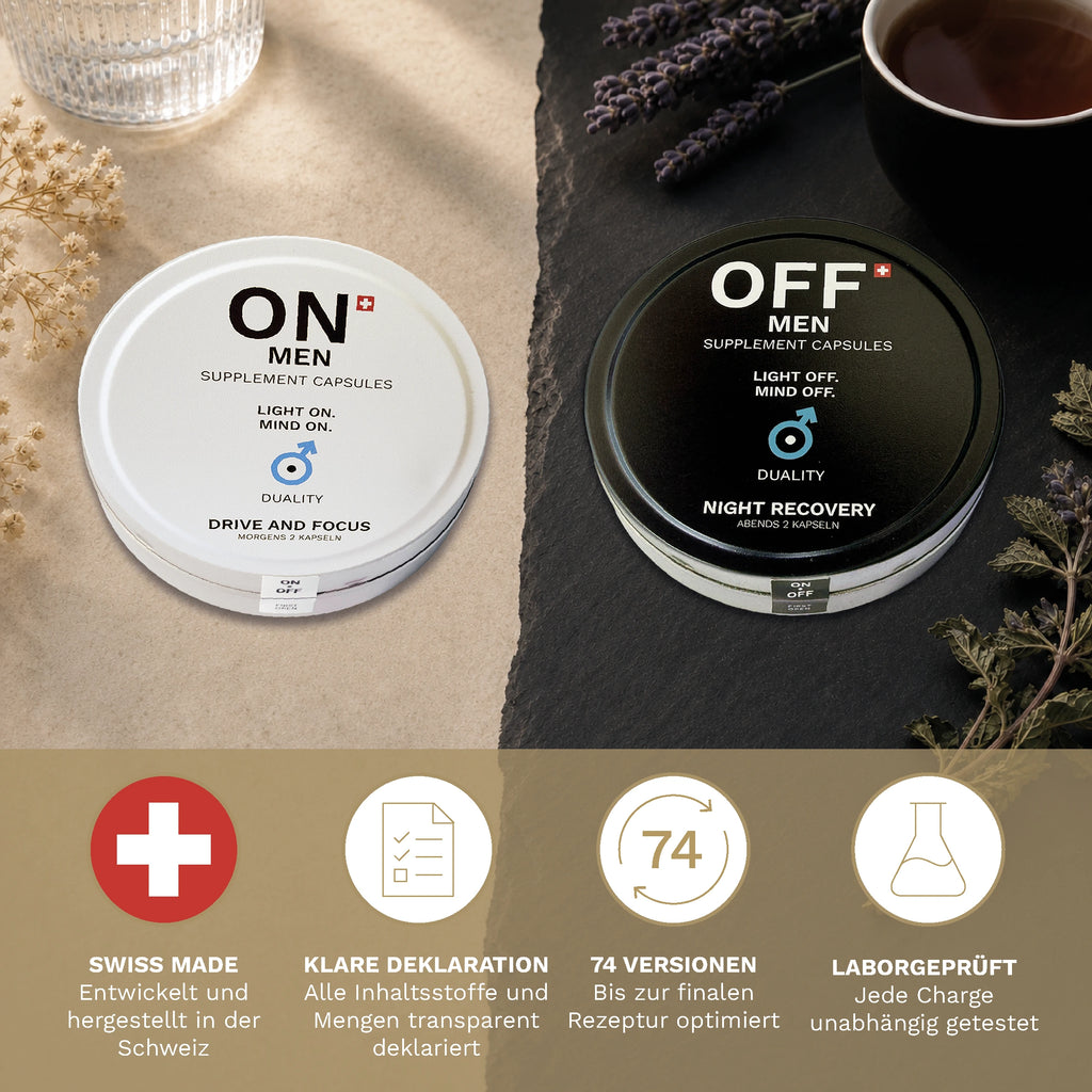 ON • OFF Men Kapseln: Swiss Made, klar deklariert, nach 74 Rezepturversionen entwickelt und chargenweise laborgeprüft.