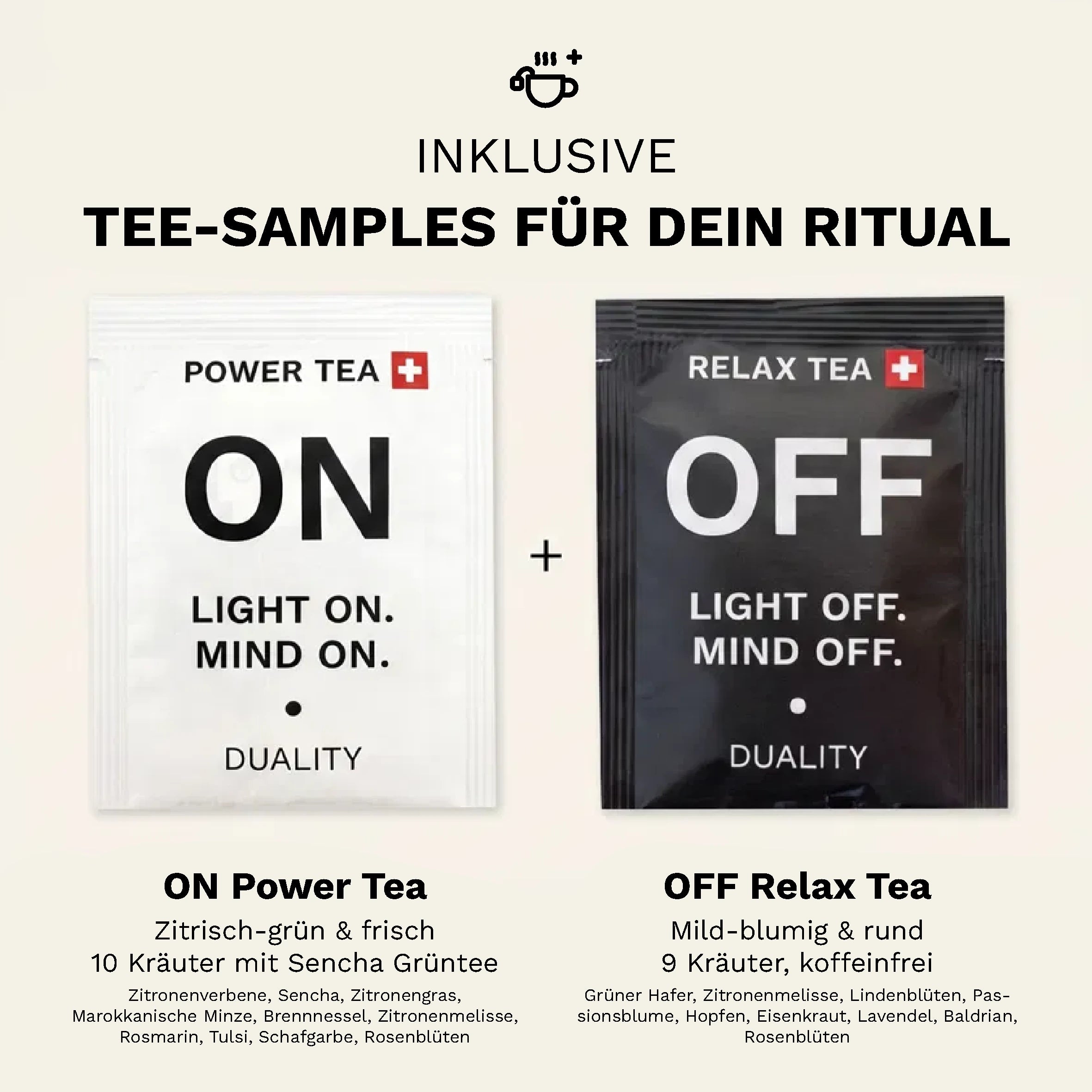 Zur ON • OFF Men Box gehören Proben von ON Power Tea und koffeinfreiem OFF Relax Tea für das Morgen- und Abendritual.