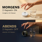 Einnahme der ON • OFF Men Kapseln: morgens zwei ON Kapseln und abends zwei OFF Kapseln mit Wasser.