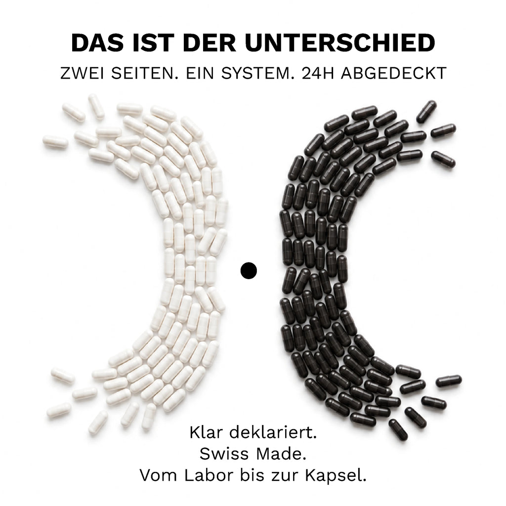 Weisse ON Kapseln und schwarze OFF Kapseln zeigen die zwei Seiten des täglichen ON • OFF Men Systems.