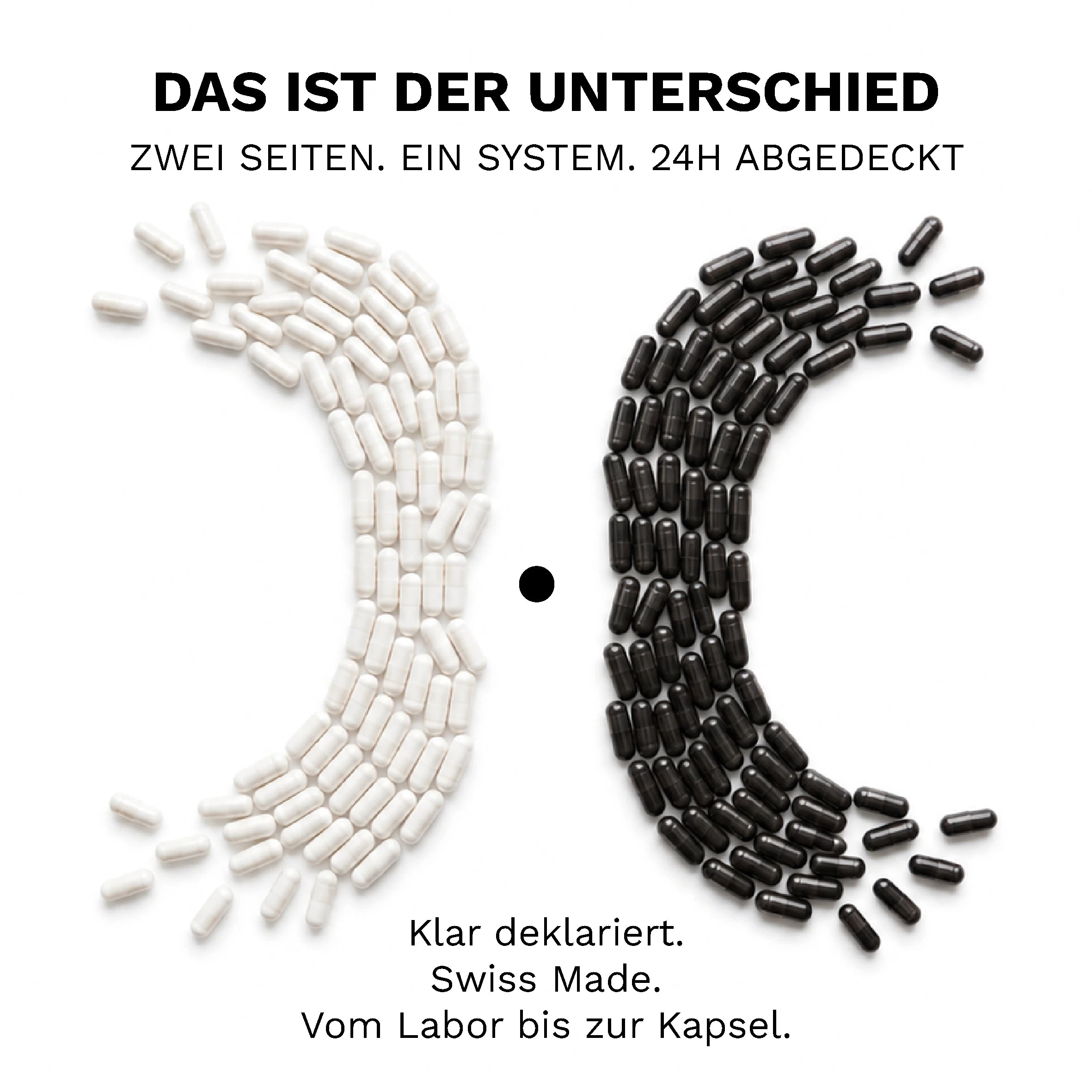 Weisse ON Kapseln und schwarze OFF Kapseln zeigen die zwei Seiten des täglichen ON • OFF Men Systems.