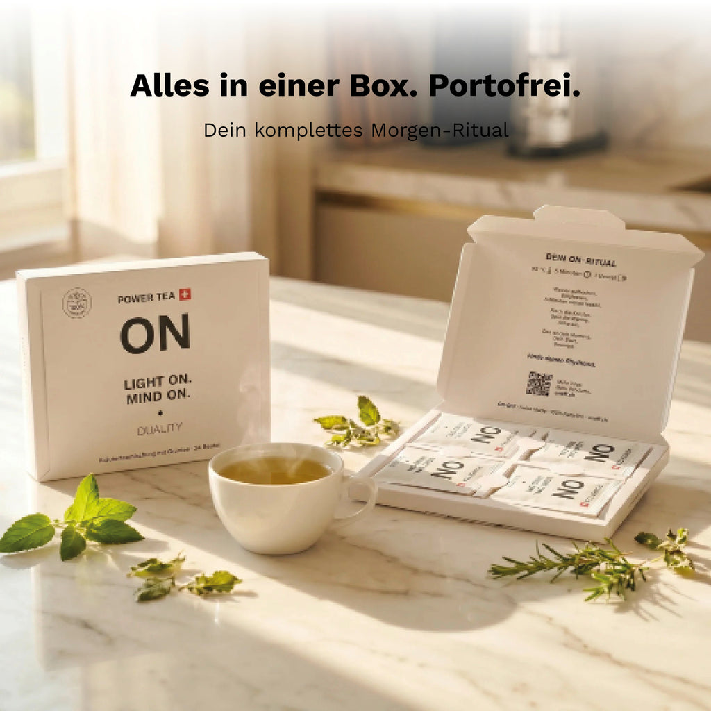 ON Power Tea Box mit einzeln portionierten Teebeuteln, Tasse Kräutertee und Morgenritual.