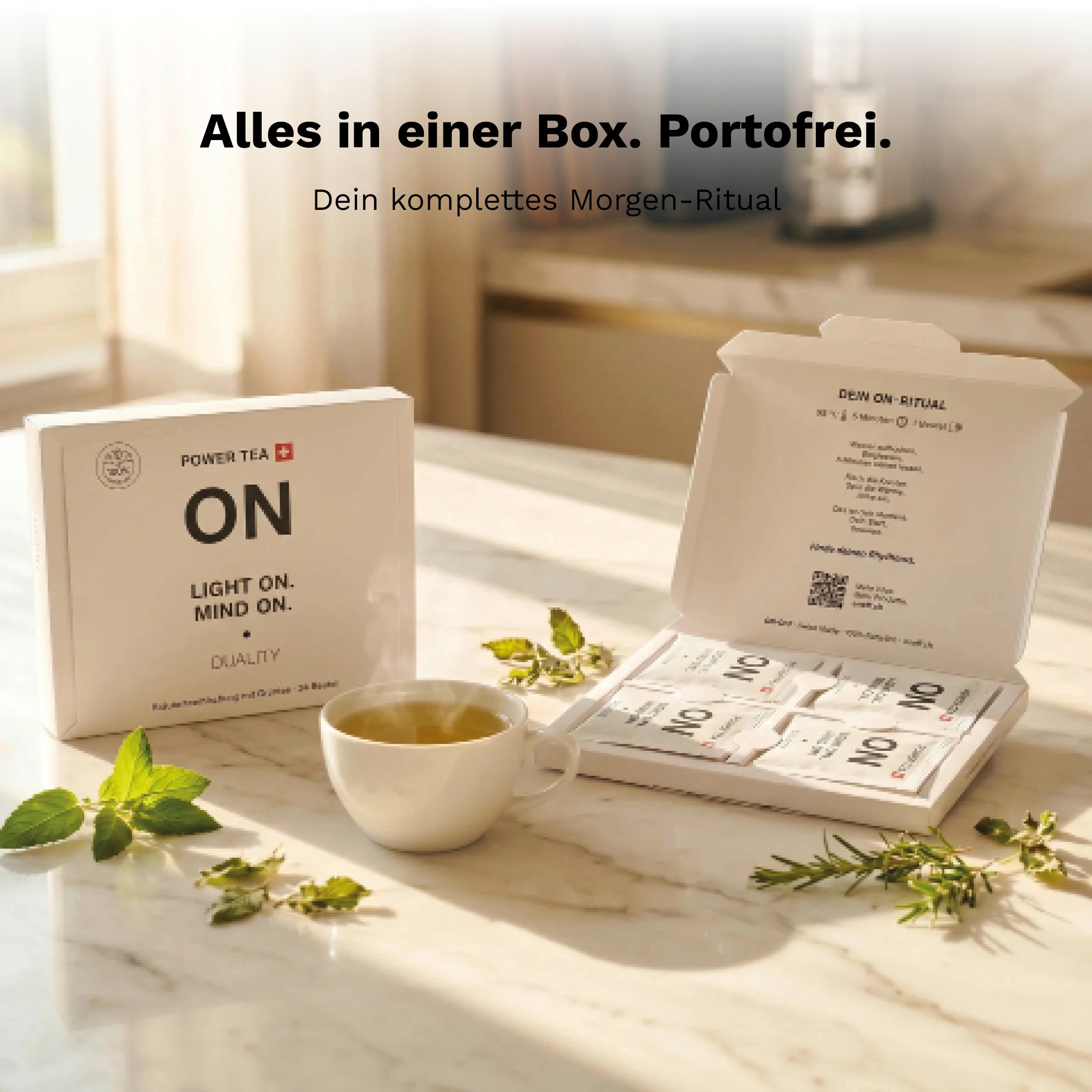 ON Power Tea Box mit einzeln portionierten Teebeuteln, Tasse Kräutertee und Morgenritual.